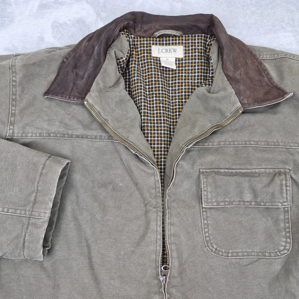 J Crew Mens Barn Jacket XL Olive Drab Canvas Leather Collar Plaid Field Coat